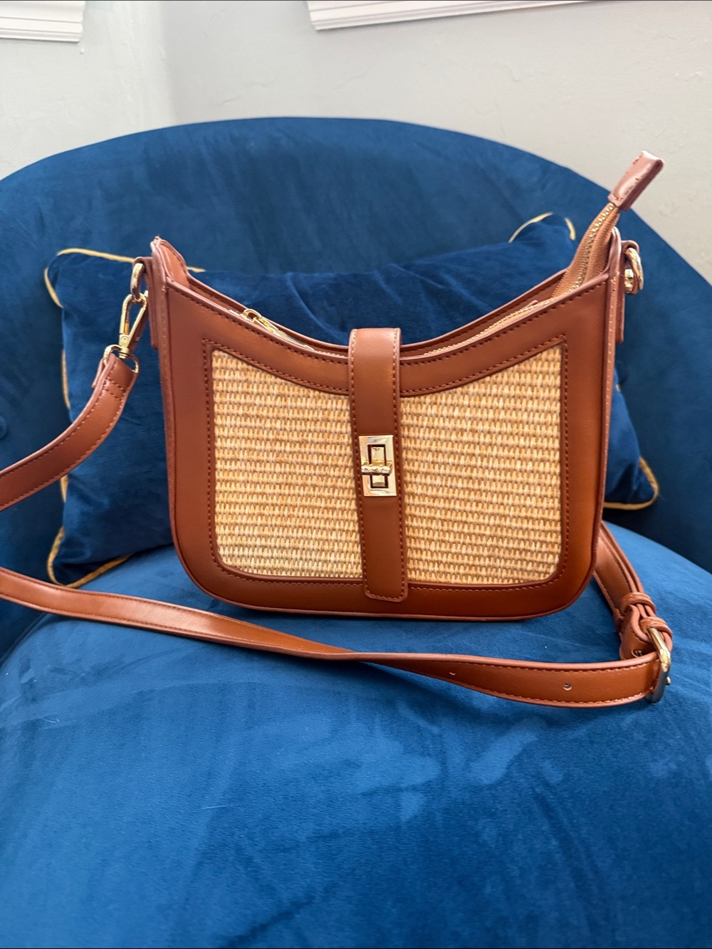 Altar'd State Brown Woven Straw-Panel Crossbody with Gold Hardware